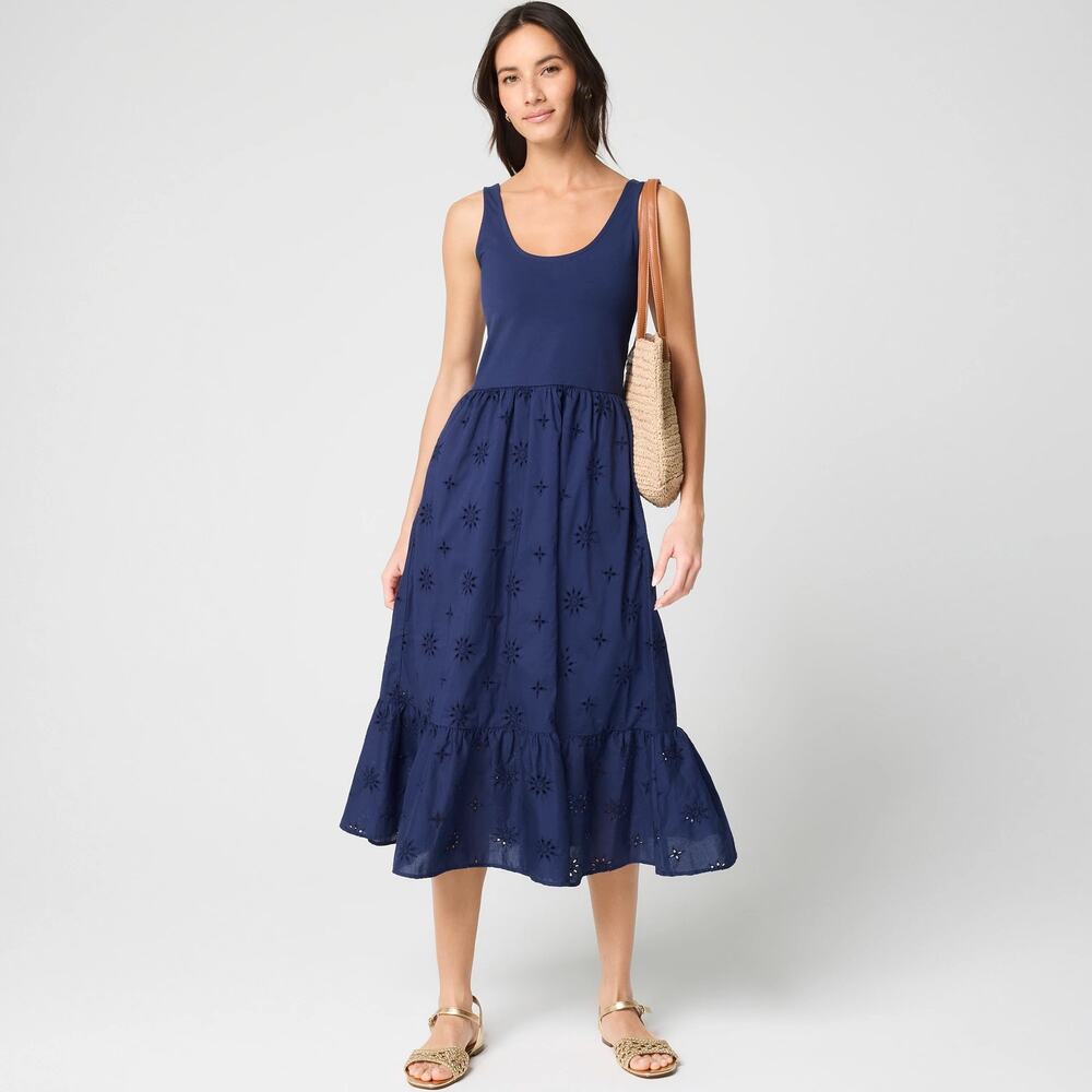 J.Crew Eyelet mixed-media midi dress Antique Navy A Line Stretch Cotton XXS NWT